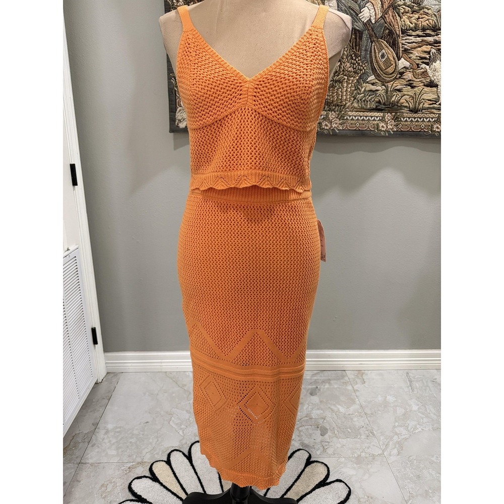 Willow & Wind Two Piece Set NWT Womens Small Orange Crochet Tank‎ Midi Skirt Set